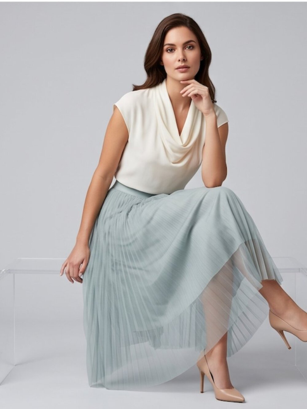 Light Grey Mesh Tulle Pleated Skirt - Picture 3 of 10